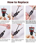 7-piece countersink drill bit set with aluminum stop collar and wrench; six-panel setup collage showing components.