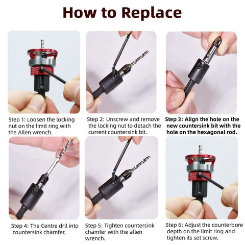 7-piece countersink drill bit set with aluminum stop collar and wrench; six-panel setup collage showing components.