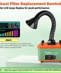 Slick Desktop Solder Fume Extractor With Badass Suction And Three Stage Hepa Paired With Activated Carbon For Crisp Air showing display and flexible arm.
