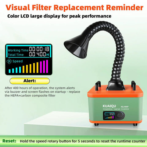 Slick Desktop Solder Fume Extractor With Badass Suction And Three Stage Hepa Paired With Activated Carbon For Crisp Air showing display and flexible arm.