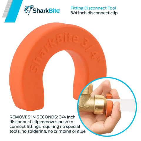 Three Quarter Inch Disconnect Clip For Push To Connect Brass Plumbing Fittings Quick Release Tool No Tools Needed For Easy Removal Fits Universal Push To Connect Brass Fittings U712A, 3/4-inch orange clip shown in use.