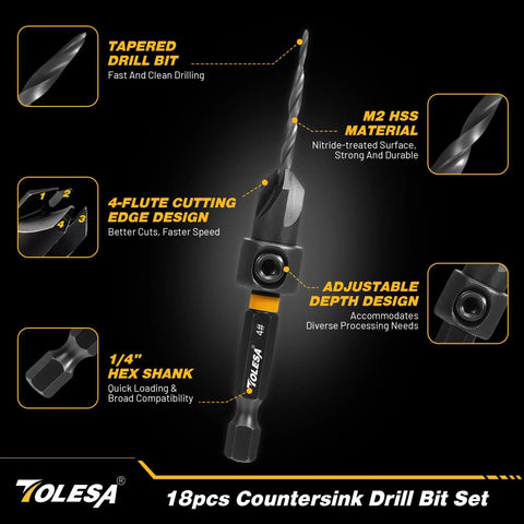 Complete 18-Piece Countersink Drill Bit Set For Wood With Magnetic Extension Bit Holder And Storage Box For DIYers by TOLESA