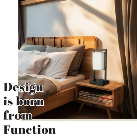 Industrial Bedside Lamp Set of 2 With Touch Control on nightstand, linen fabric shade, matte black finish, in bedroom setting