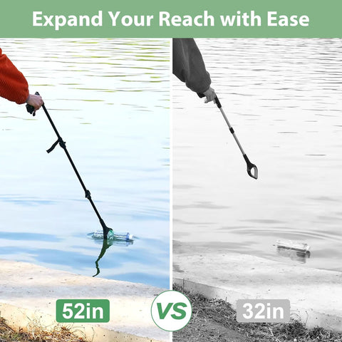 52in VerdiNex reacher tool with rotating anti-slip jaw and magnet; split-view vs 32in model