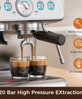 Prosumer Espresso Machine With Built In Grinder Featuring 20 Bar Pressure Thermoblock Heating Keeps Temperatures Rock Solid Integrated Milk Frother For Rich Foam Silver Brewing Station close-up of brewing two espresso shots with stable heating.