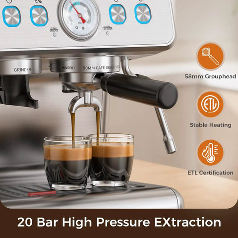 Prosumer Espresso Machine With Built In Grinder Featuring 20 Bar Pressure Thermoblock Heating Keeps Temperatures Rock Solid Integrated Milk Frother For Rich Foam Silver Brewing Station close-up of brewing two espresso shots with stable heating.