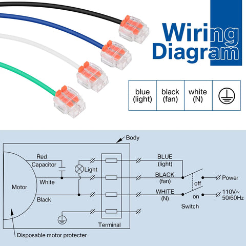 Wiring diagram for Whisper Quiet Bathroom Exhaust Fan With 15W LED Light, 110 CFM ventilation, showing colored wires and connections.