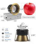 Adetu 4 Pack 3 Inch 5CCT Bronze Anti-Glare LED Recessed Ceiling Light with dimensions shown next to an apple.