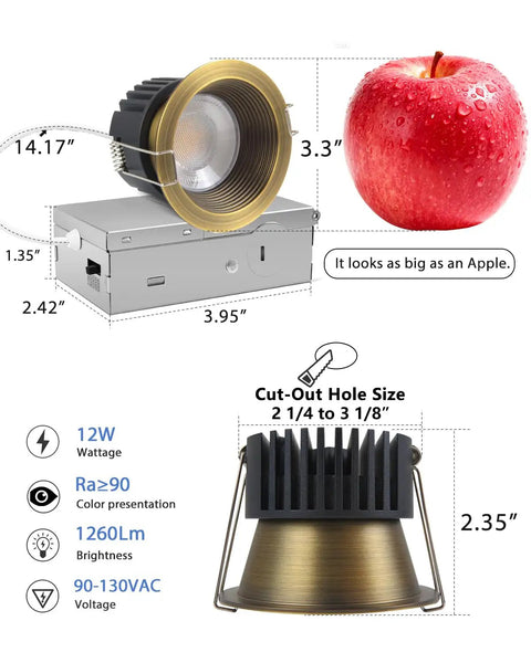 Adetu 4 Pack 3 Inch 5CCT Bronze Anti-Glare LED Recessed Ceiling Light with dimensions shown next to an apple.