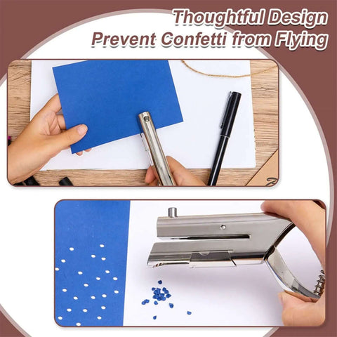 User punching paper with Heavy Duty 6mm Round Hole Punch for Paper ID Cards PVC Cards and Badge Photos, preventing confetti scatter.