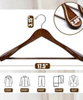 Solid Walnut Wood Coat Hangers Six Pack With Extra Wide Shoulders And Non Slip Pants Bar For Jackets, Sweaters, Pants And Heavy Clothes, Durable Lotus Wood Hangers For Closet Organization