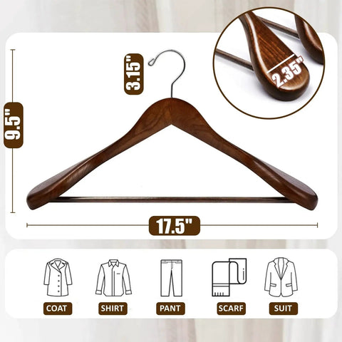 Solid Walnut Wood Coat Hangers Six Pack With Extra Wide Shoulders And Non Slip Pants Bar For Jackets, Sweaters, Pants And Heavy Clothes, Durable Lotus Wood Hangers For Closet Organization