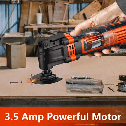 Go-To Do It All Oscillating Multi Tool With 3.5 Amp Motor, cutting a surface with powerful oscillation in a workshop.
