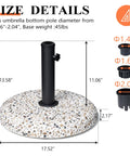 45Lbs Concrete Umbrella Base With Cobblestone Decor Heavy Duty Outdoor Umbrella Stand For Deck Poolside Yard Stable Concrete Counterweight Keeps Your Umbrella Upright, showcasing size dimensions and cap details.