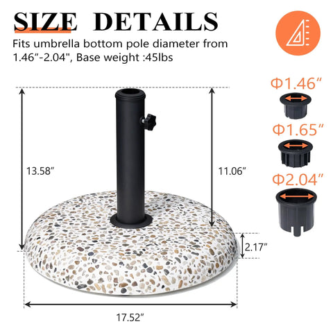 45Lbs Concrete Umbrella Base With Cobblestone Decor Heavy Duty Outdoor Umbrella Stand For Deck Poolside Yard Stable Concrete Counterweight Keeps Your Umbrella Upright, showcasing size dimensions and cap details.