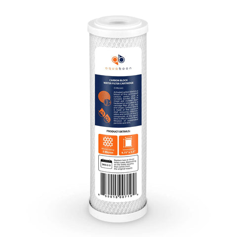 5 Micron 10x2.5 Carbon Block Water Filter Cartridge CTO for Whole House Filtration Systems Replacement, package rear view.