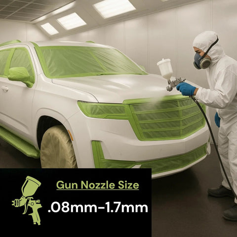 LiME LiNE 2K clearcoat automotive spray kit used on white SUV in a spray booth with green masking tape.