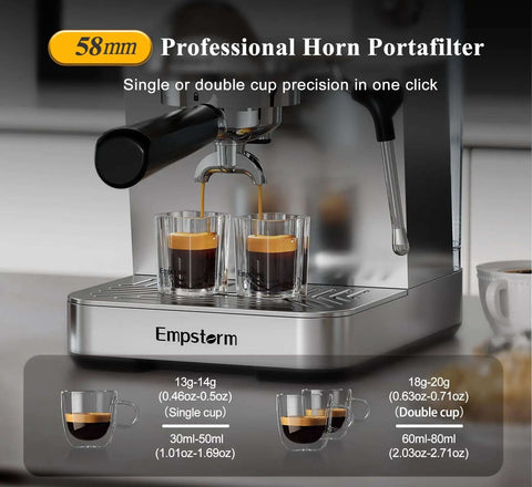58mm portafilter close-up on 20 Bar Espresso Machine With Steam Milk Frother, Stainless Steel Coffee Maker With LED Display For Home And Office, Cold Brew And Hot Coffee Maker, Barista Grade Cappuccino And Espresso Maker.