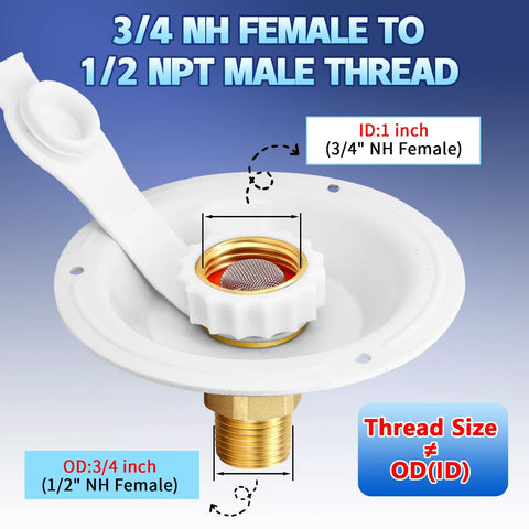 RV city water inlet with check valve, white mounting flange and brass 3/4 NH female to 1/2 NPT male thread