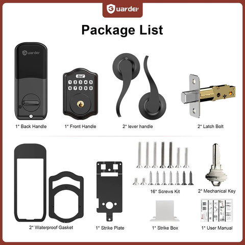 Package list for Smart Lock With Keypad Keyless Entry Smart Deadbolt Door Lock, showing components and hardware.