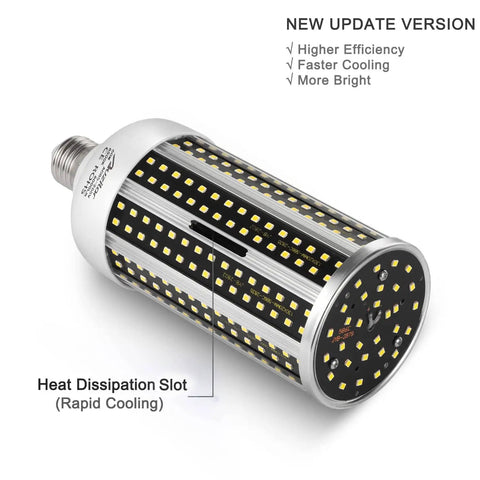 Two Pack 60W LED Corn Light Bulbs 6000 Lumens 6500K Daylight White E26 E27 Base with heat dissipation slot visible