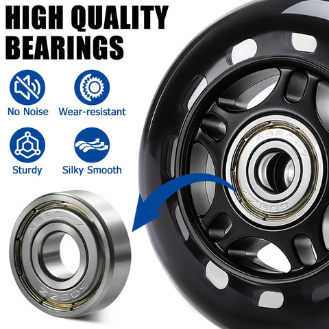 Close-up of 8 Pack 76mm 84A Inline Skate Wheels with ABEC 7 bearings, showing smooth design and bearing detail.