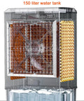 Heavy Duty Evaporative Air Cooler And Industrial Swamp Unit With Massive Water Tank showing 150 liter tank and cooling pads.