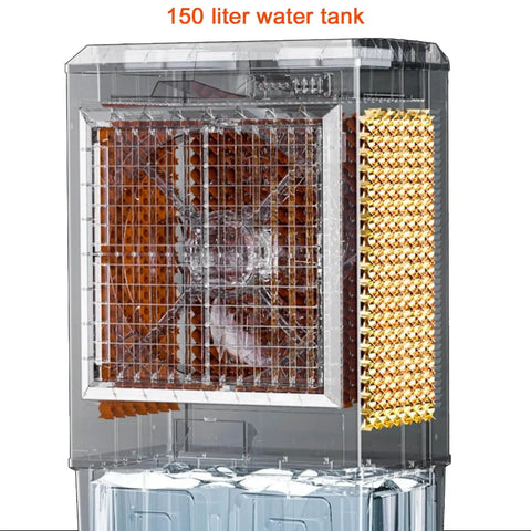 Heavy Duty Evaporative Air Cooler And Industrial Swamp Unit With Massive Water Tank showing 150 liter tank and cooling pads.
