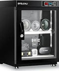 35L Digital Control Dehumidifier Dry Box for Camera Lenses and Gear with LED Lighting in Black, Visible Storage, Front View