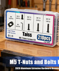 All In One M5 T Nuts And Bolts Kit For 2020 Aluminum Extrusion Hardware with hex socket screws and wrench, packaged view.