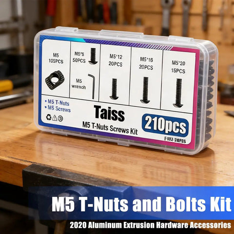 All In One M5 T Nuts And Bolts Kit For 2020 Aluminum Extrusion Hardware with hex socket screws and wrench, packaged view.
