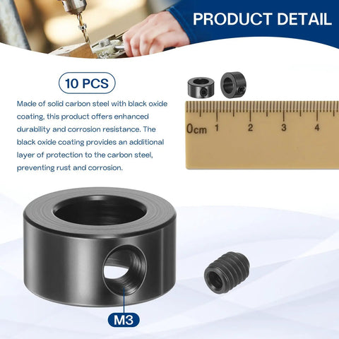 Set Screw Shaft Collars Pack Ten With 2.05mm Bore, 7mm Outside Diameter And 5mm Thick, Black Oxide Carbon Steel Locking Collars Includes Wrench For 2mm Lead Screws And Rod Shafts, Built Tough For Durable Landing Gear Stopper Use; M3 collar detail
