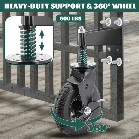8 Inch Gate Wheel With Brake Heavy Duty Caster For Metal And Wood Fences 600Lb Capacity 360 Degree Rotation Spring Loaded