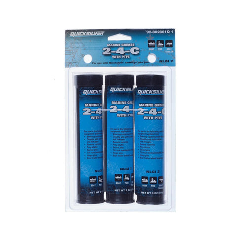 Front view of Quicksilver Marine Grease 2-4-C with PTFE, three 3-oz cartridges in blister pack.