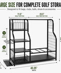 Heavy Duty Golf Bag Storage Rack For Two Bags With Shelves And Accessory Holders, black free-standing golf organizer, dimensions shown