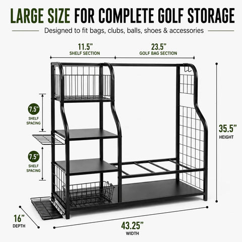Heavy Duty Golf Bag Storage Rack For Two Bags With Shelves And Accessory Holders, black free-standing golf organizer, dimensions shown