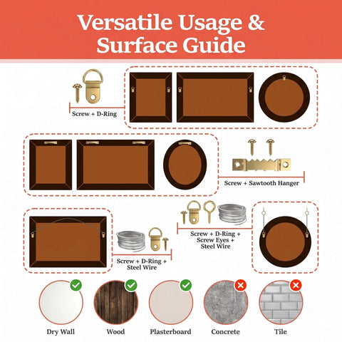 248 Piece Picture Hanging Kit With Heavy Duty Hooks For Walls, Frames And Mirrors, Display Ready Hardware Set Includes Sawtooth Hangers, D Rings, Wire, Nails, Adhesive Dots, And Self Stick Bumpers For No Wobble, Straight Hangs. usage guide for drywall, wood and plasterboard