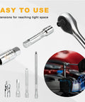 12 Piece Spark Plug Socket Set With 3/8 Inch Drive, Ratchet Handle, Universal Joint, Extension Bar And Gap Tool, chrome finish
