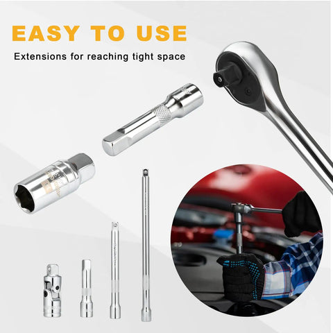 12 Piece Spark Plug Socket Set With 3/8 Inch Drive, Ratchet Handle, Universal Joint, Extension Bar And Gap Tool, chrome finish