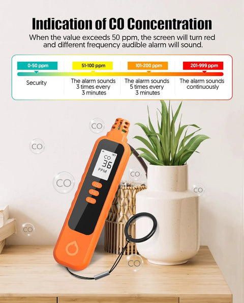 Portable Carbon Monoxide Detector With LCD Display, Battery Powered Handheld CO Monitor Alarm on modern wooden table