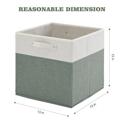 13x13 Fine Linen Storage Bins With Handles, Fabric Cube Boxes For Shelves And Closets, White And Green 4 Pack, Foldable