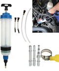 Ultimate 1.5L Fluid Extractor Engine Oil Syringe with connectors and tools for gas diesel cars in garage setting.
