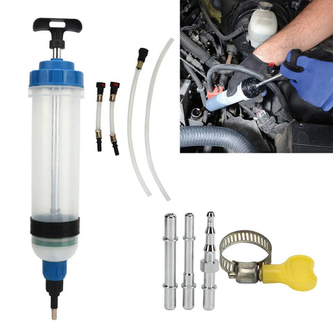 Ultimate 1.5L Fluid Extractor Engine Oil Syringe with connectors and tools for gas diesel cars in garage setting.