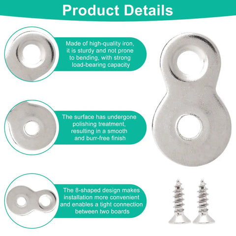 Thirty Pieces Figure Eight Furniture Connectors With Pre Loaded Screws Heavy Duty Iron Hardware For Wood Cabinet And Desk Build Rock Solid Hold No Sweat Easy Peasy Setup Smooth Operator DIY Fix Silver Color close-up of 8-shaped iron bracket with screws