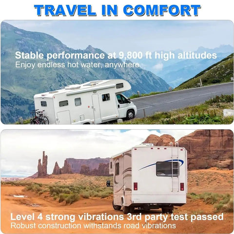 Rock Solid On Demand Tankless Water Heater With 55000 BTU in RV against mountain and desert backgrounds for camping.