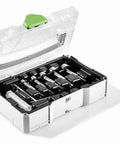 Top Shelf Centrotec Forstner Drill Bit Set With Five Heavy Duty Bits From 15 To 35 Millimeters in clear case for precise woodworking.