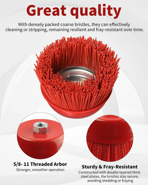 4 Inch Nylon Cup Brush For Angle Grinder And Drill With 5/8-11 Threaded Arbor Heavy Duty Abrasive Wheel Red