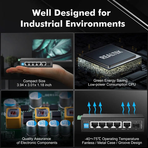 Features of Beefy Industrial DIN Rail Gigabit Ethernet Switch With Five 10 100 1000 Mbps Ports, One Gigabit Uplink, One SFP, Metal Enclosure.