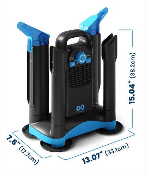 Badass Upgraded Boot Dryer For Work Boots And Training Shoes With Integrated Ozone Deodorizer And Rapid Heat Circulation, dimensions displayed.