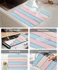 Pink Blue Wood Grain Drying Mats For Kitchen Counter And Sink, Reversible Hanging Microfiber Dish Mat, 16x18 Inches, in use